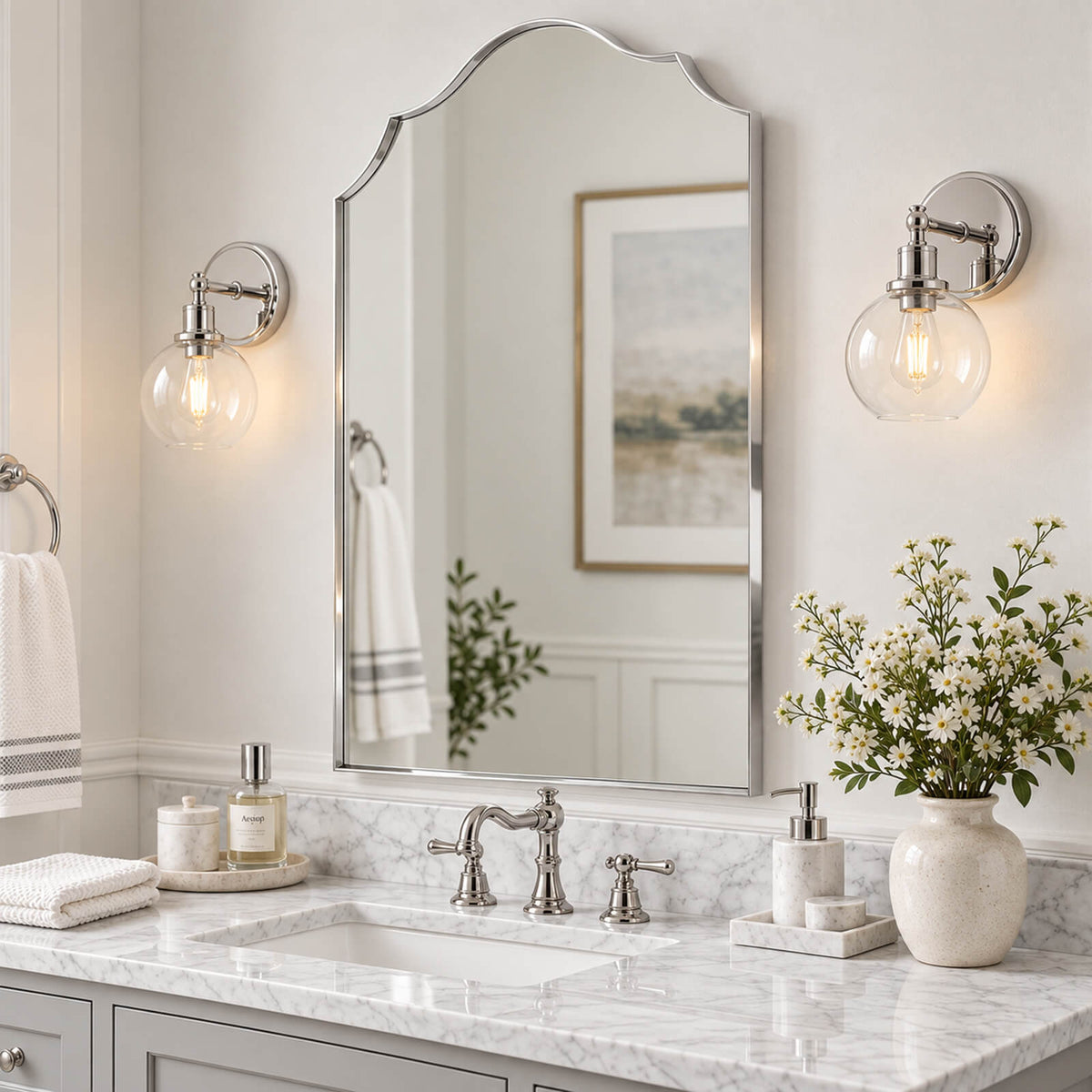 Contemporary Arched Curved Scalloped Mirror Bathroom Vanity Mirror | Stainless Steel Frame