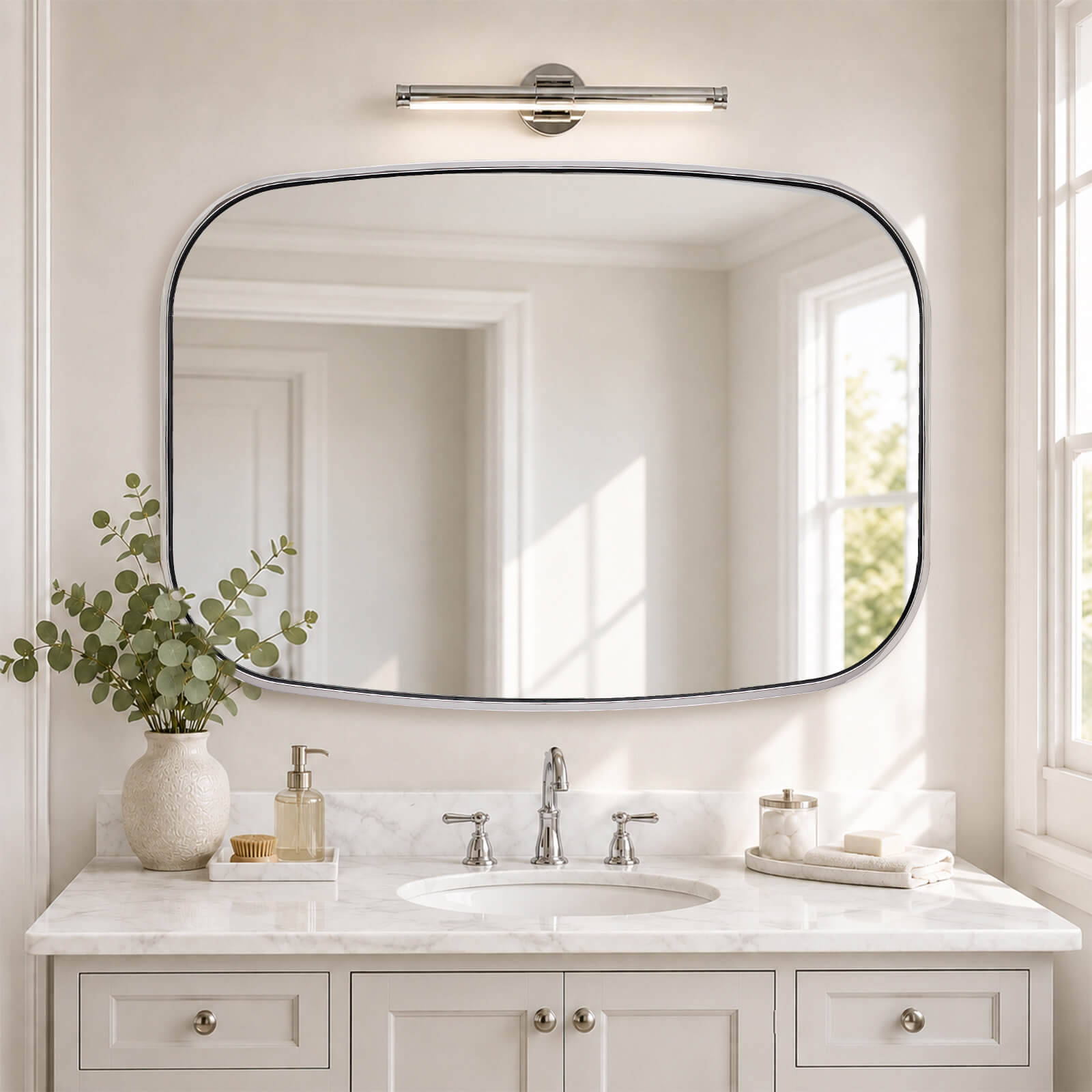 Contemporary Long Oval Oblong Bathroom Mirror | Stainless Steel Frame