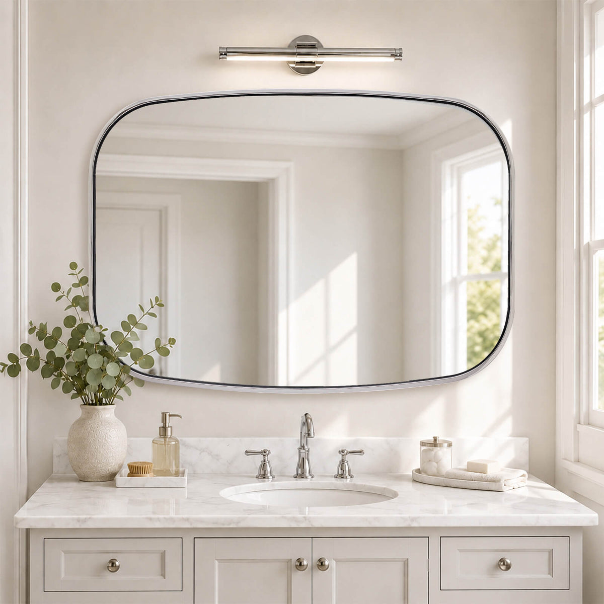 Contemporary Long Oval Oblong Bathroom Mirror | Stainless Steel Frame