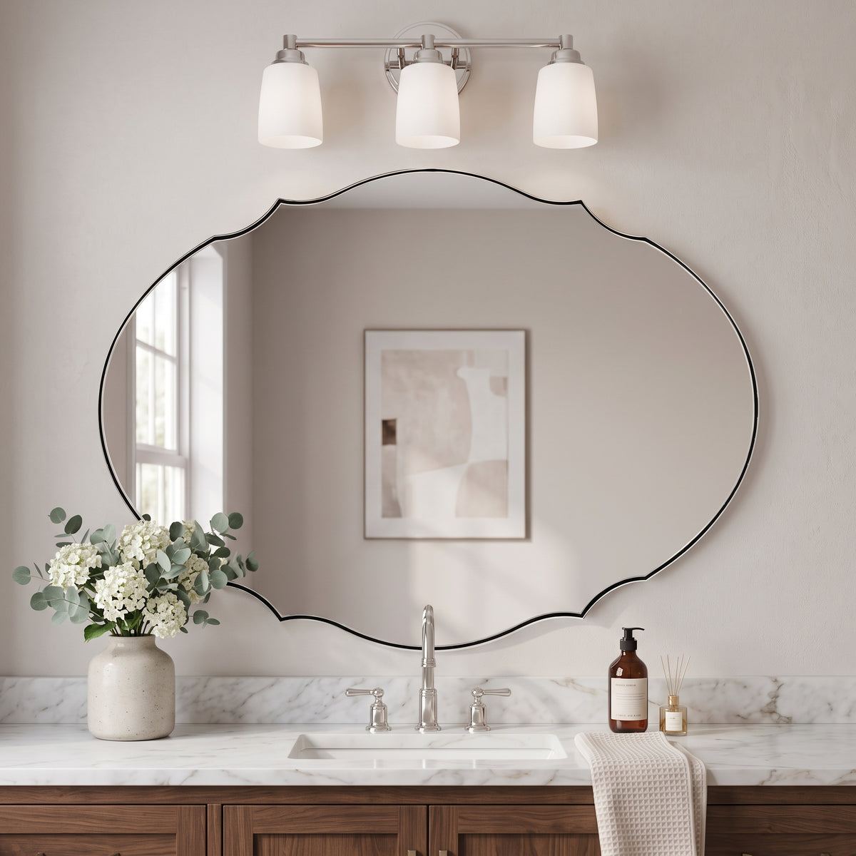Contemporary Oval Scalloped Wall Mirror Irregular Bathroom Vanity Mirror| Stainless Steel Frame