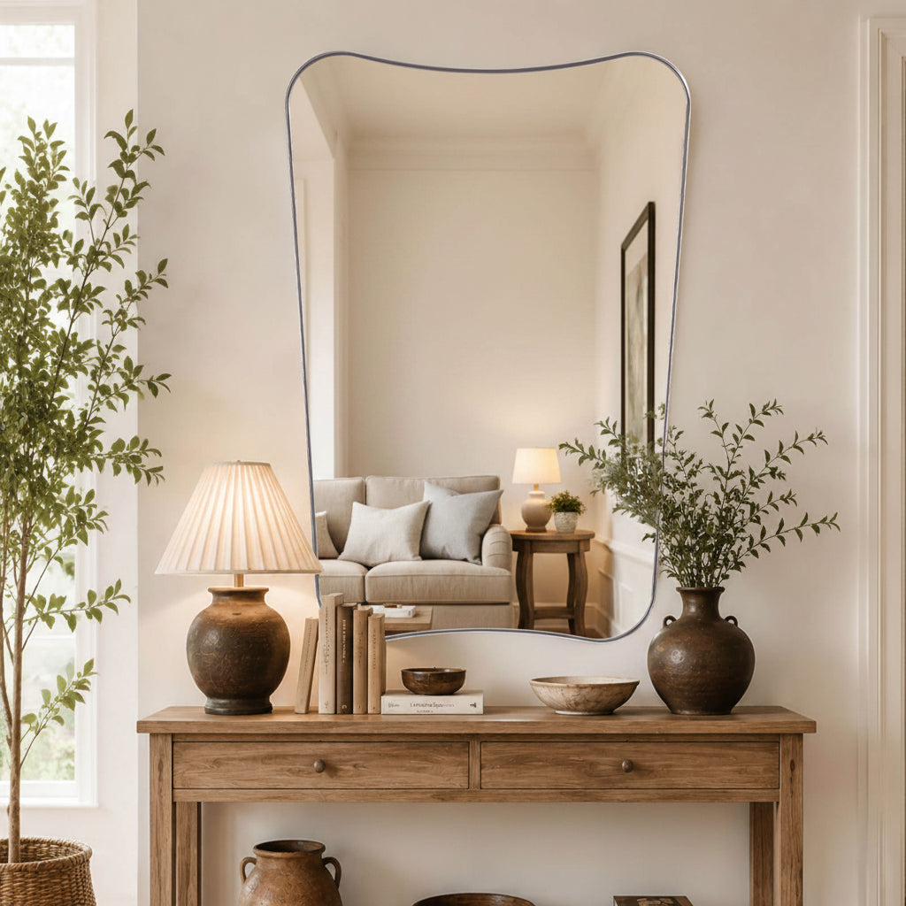 Contemporary Concave Scalloped Irregular Wall Mirror for Bathroom  |Stainless Steel Frame