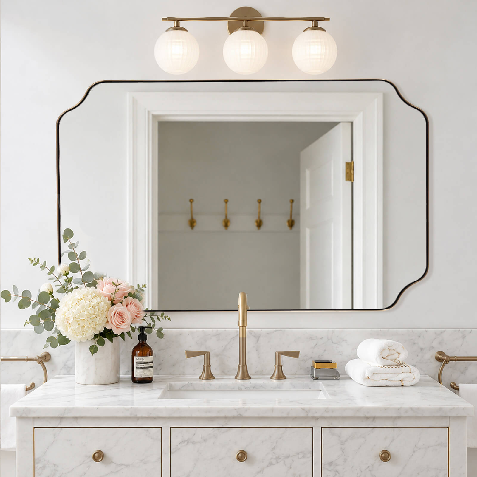 Modern Cut Corner Rectangle Scalloped Mirror for Wall /Bathroom | Stainless Steel Frame