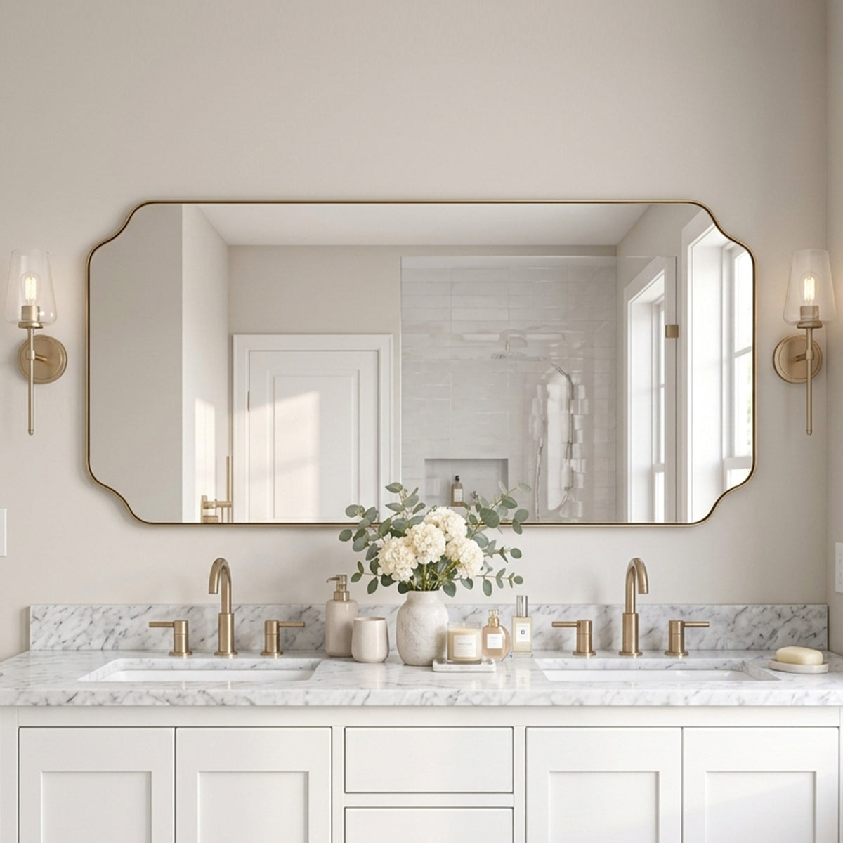 Modern Cut Corner Rectangle Scalloped Mirror for Wall /Bathroom | Stainless Steel Frame