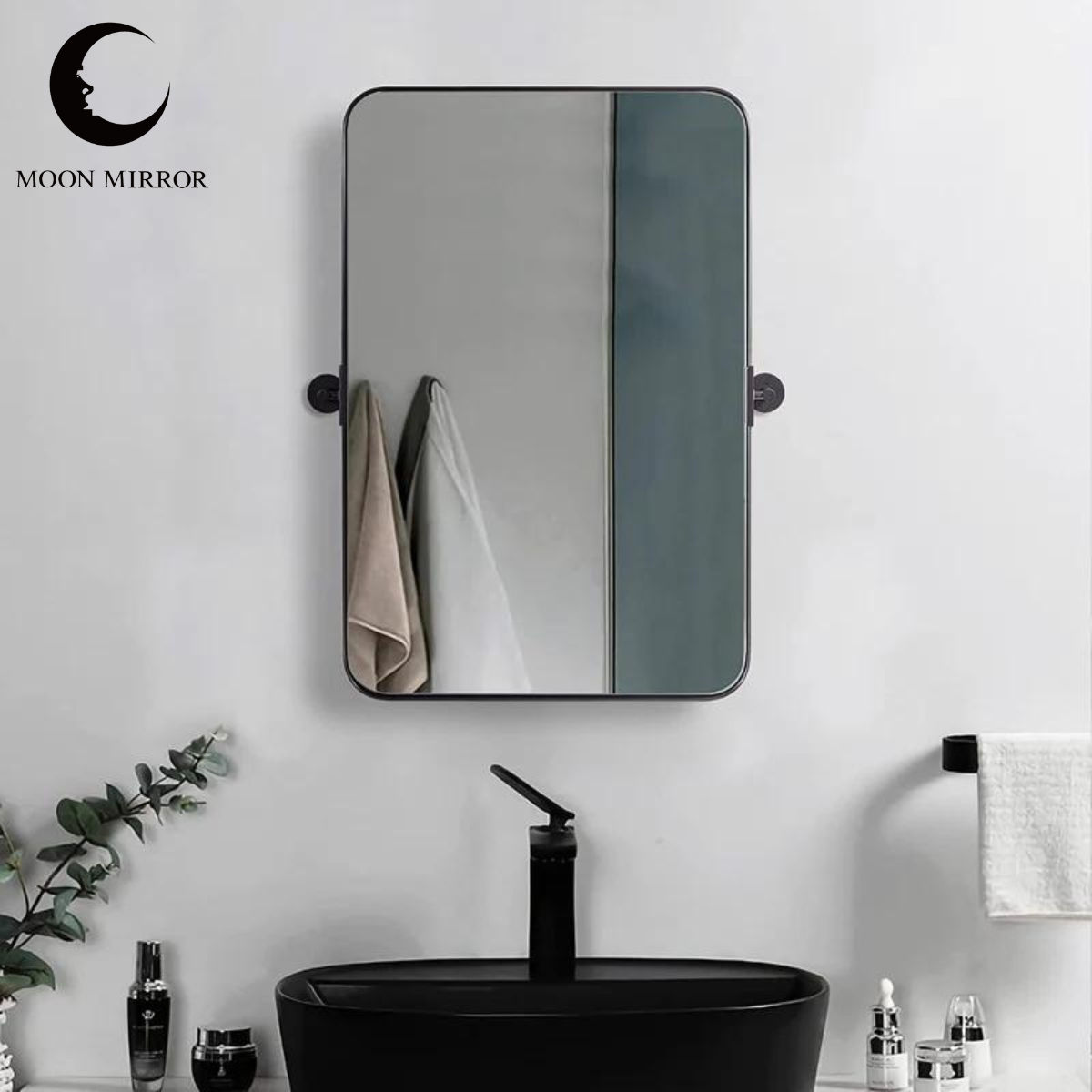 MOON MIRROR Matte Black Pivot Tilt Rectangle Bathroom/ Vanity Mirrors | Stainless Steel Frame