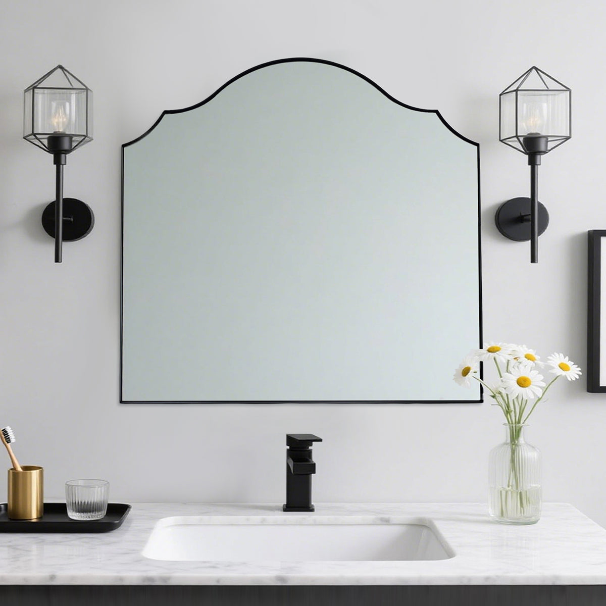 Contemporary Arched Curved Scalloped Mirror Bathroom Vanity Mirror | Stainless Steel Frame
