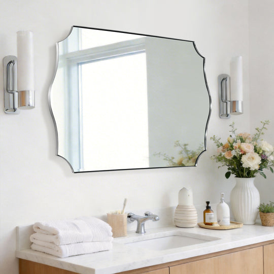 Traditional Rectangle Scalloped  Wall Mirror for Bathroom | Stainless Steel Frame