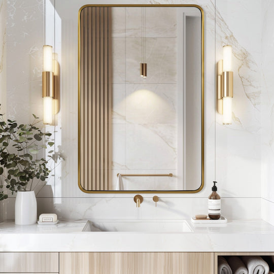 Modern Bold Stainless Steel Framed Rounded Rectangular Bathroom Wall Mirror