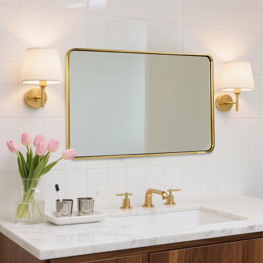 Modern Bold Stainless Steel Framed Rounded Rectangular Bathroom Wall Mirror
