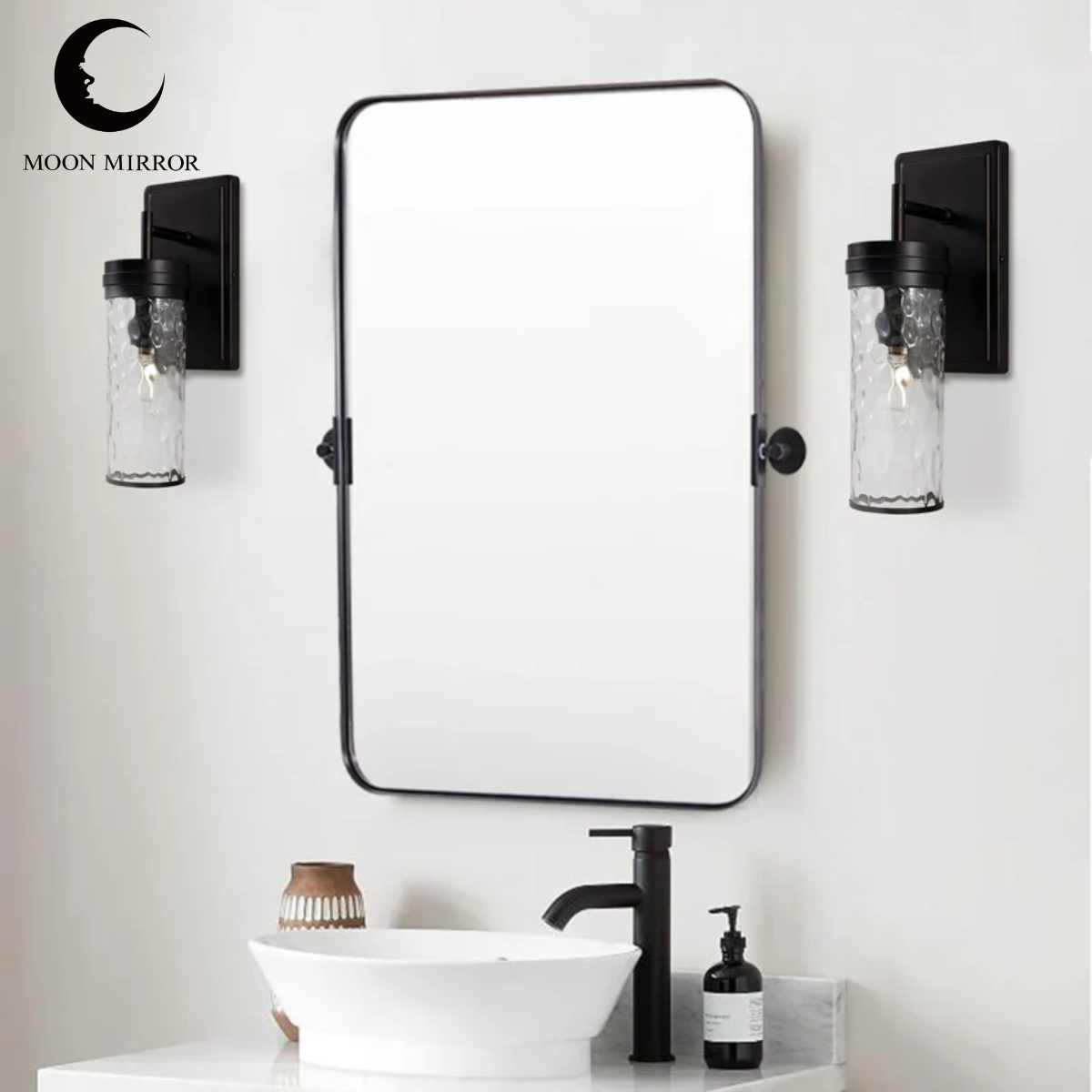 MOON MIRROR Matte Black Pivot Tilt Rectangle Bathroom/ Vanity Mirrors | Stainless Steel Frame