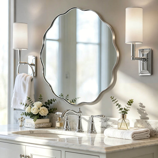 Contemporary Round Scalloped Mirror Wavy Circle Bathroom Vanity Mirror | Stainless Steel Frame