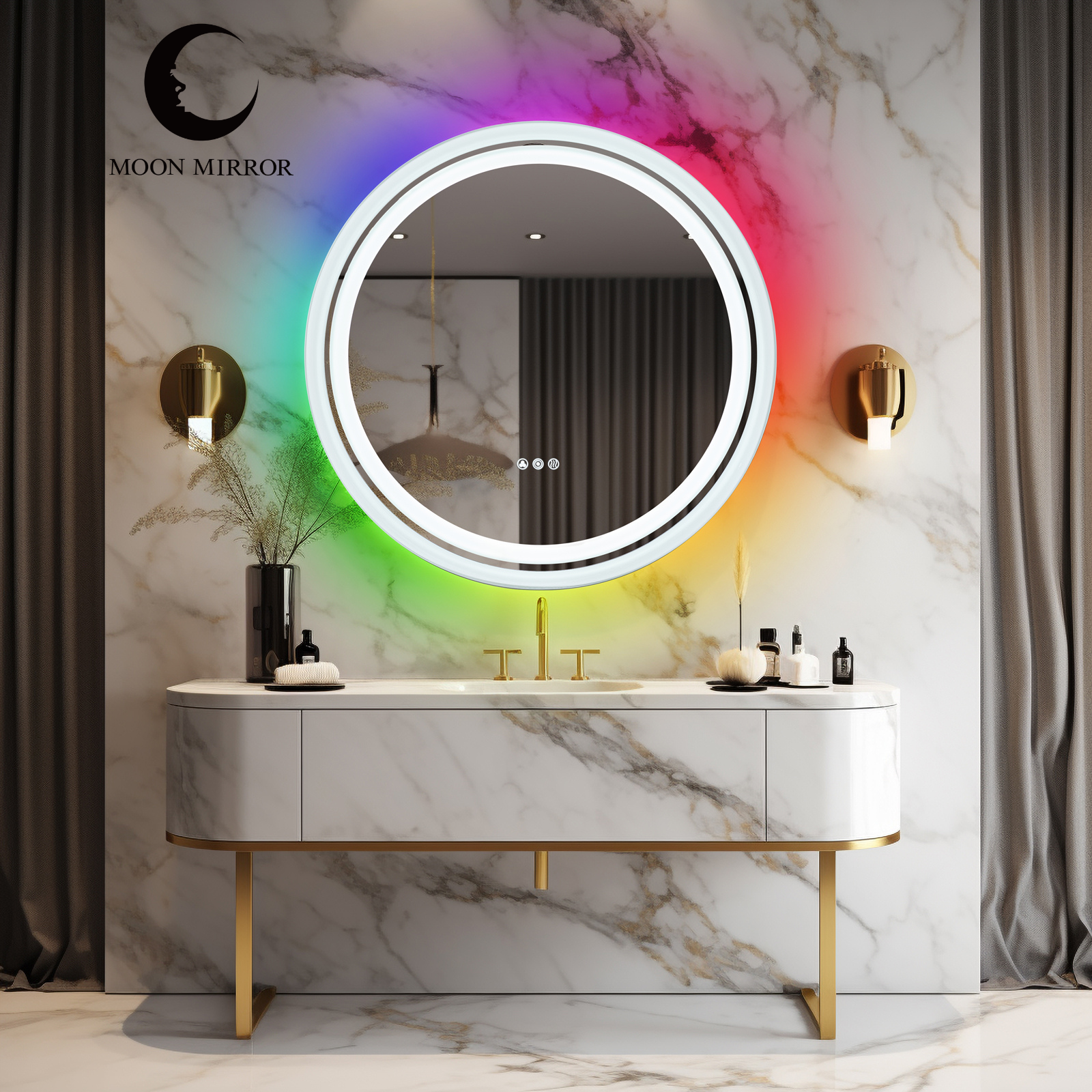 MOON MIRROR Round LED Bathroom Vanity Mirror with Lights,White Framed, Dual Front& Back Lights,Anti-Fog