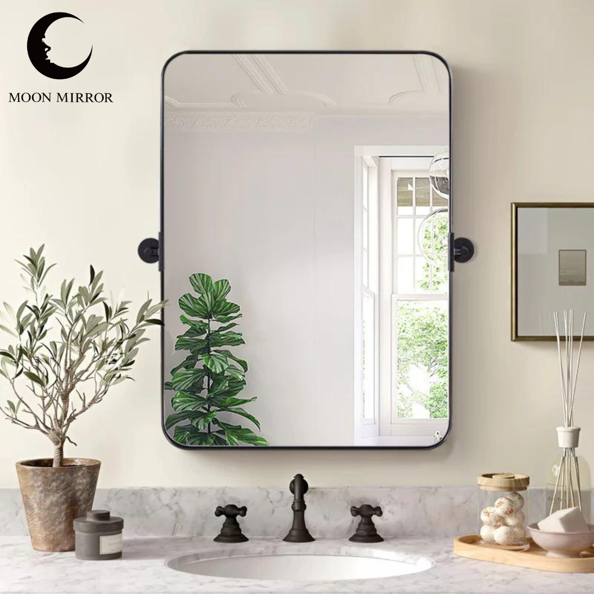 MOON MIRROR Matte Black Pivot Tilt Rectangle Bathroom/ Vanity Mirrors | Stainless Steel Frame