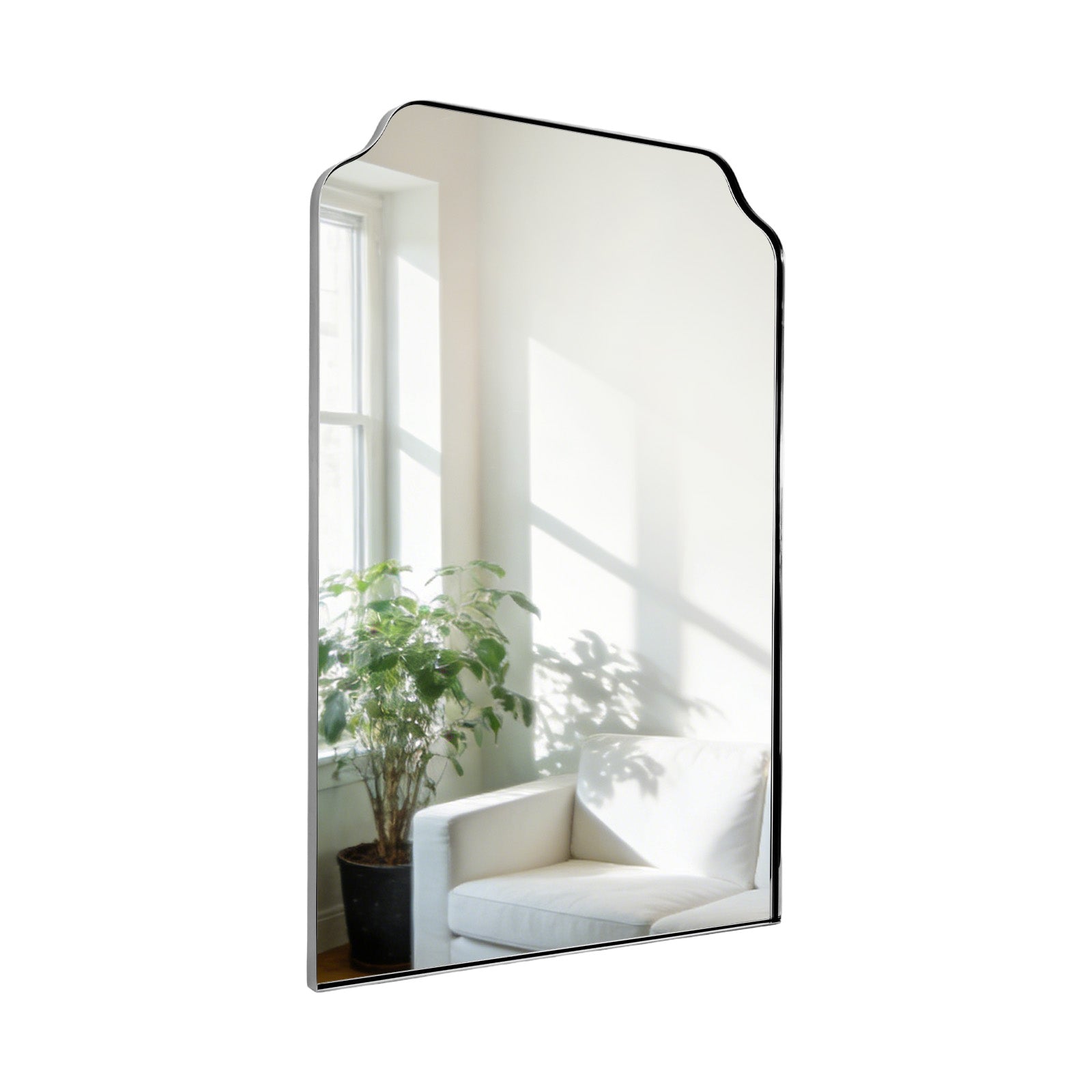 Modern Top Notched Corner Scalloped Bathroom Rectangle Vanity Wall Mirror | Stainless Steel Frame