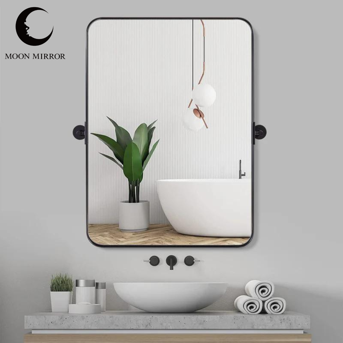 MOON MIRROR Matte Black Pivot Tilt Rectangle Bathroom/ Vanity Mirrors | Stainless Steel Frame