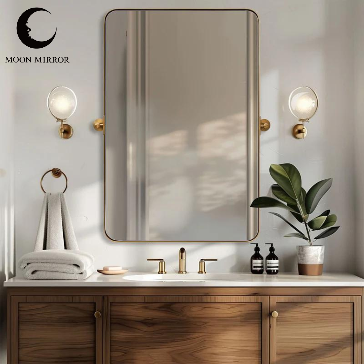 MOON MIRROR Modern Gold Tilting Rectangle Pivot Mirrors for Bathroom with Stainless Steel Frame