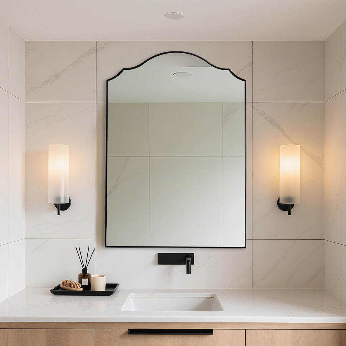 Contemporary Arched Curved Scalloped Mirror Bathroom Vanity Mirror | Stainless Steel Frame
