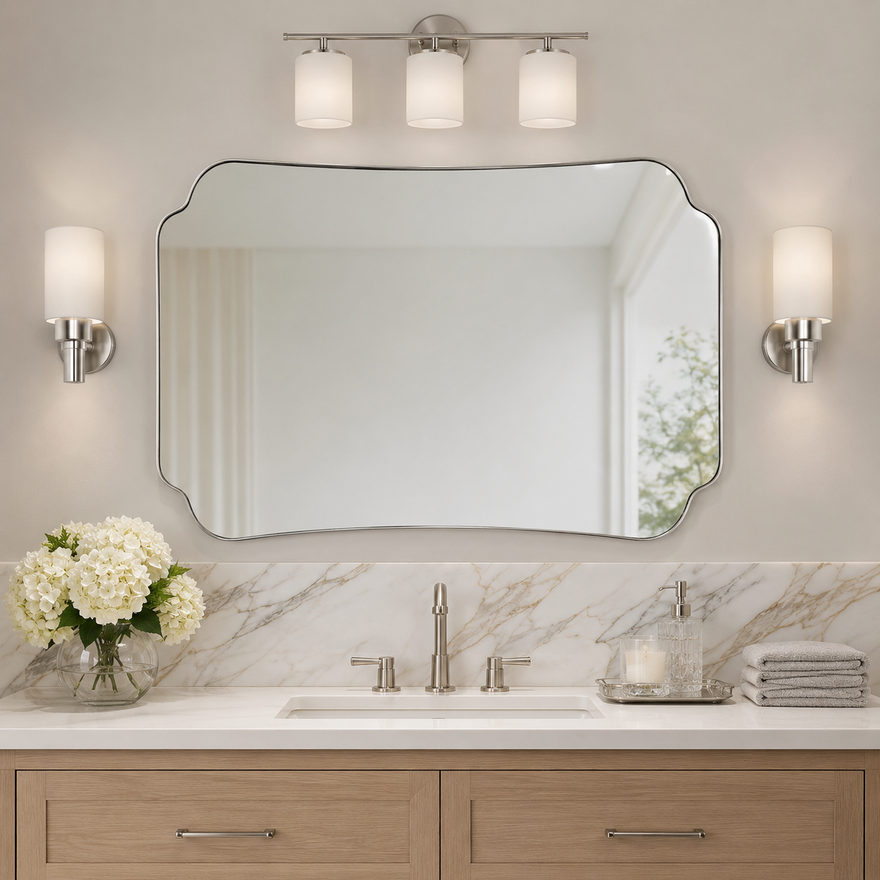 Contemporary Cut Corner Concave Edge Scalloped Bathroom Mirror | Stainless Steel Frame