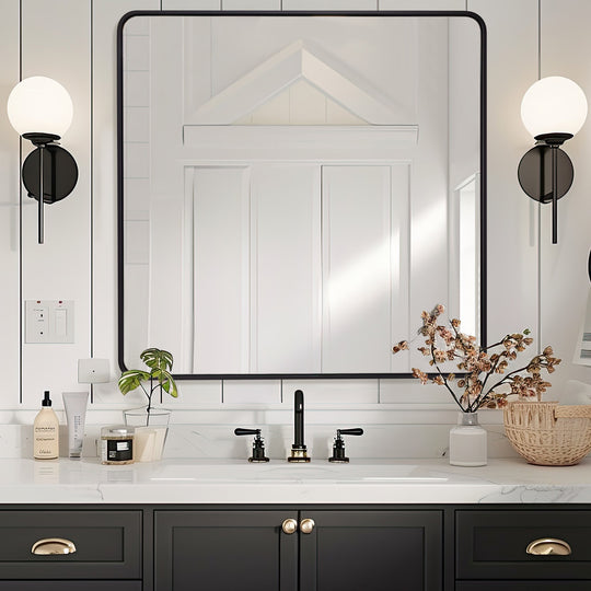 Contemporary Bold Metal Rounded Rectangular Bathroom Vanity Mirrors