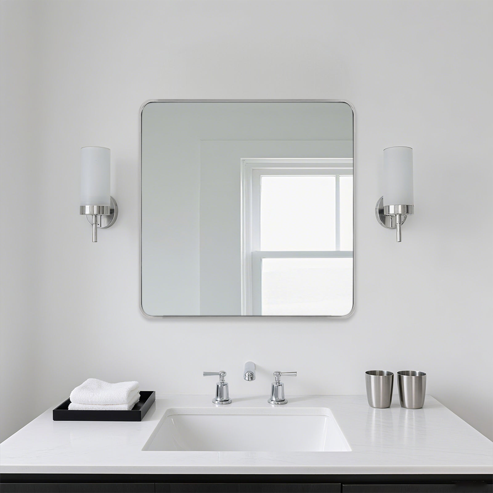Modern Bold Stainless Steel Framed Rounded Rectangular Bathroom Wall Mirror