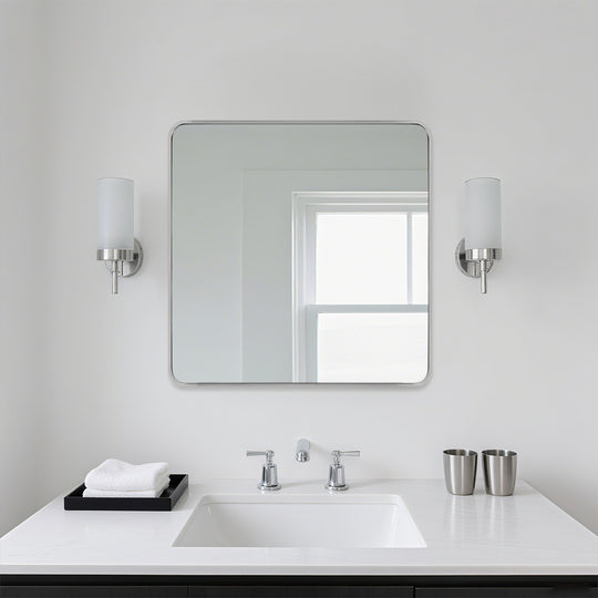 Modern Bold Stainless Steel Framed Rounded Rectangular Bathroom Wall Mirror