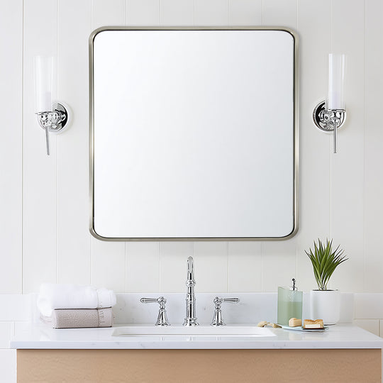 Modern Bold Stainless Steel Framed Rounded Rectangular Bathroom Wall Mirror