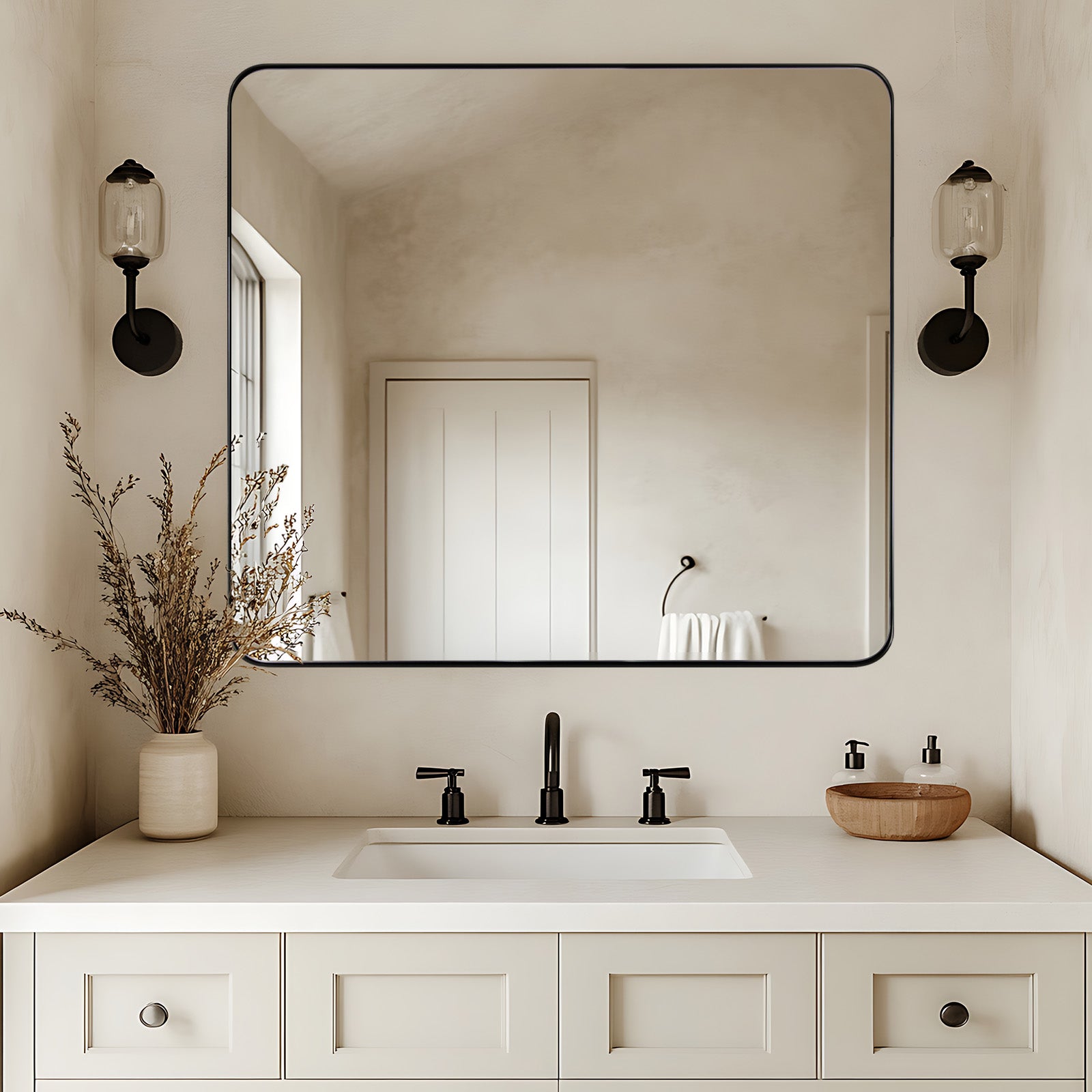 Modern Rounded Rectangle Mirror for Bathroom/ Vanity/ Wall | Stainless Steel Frame