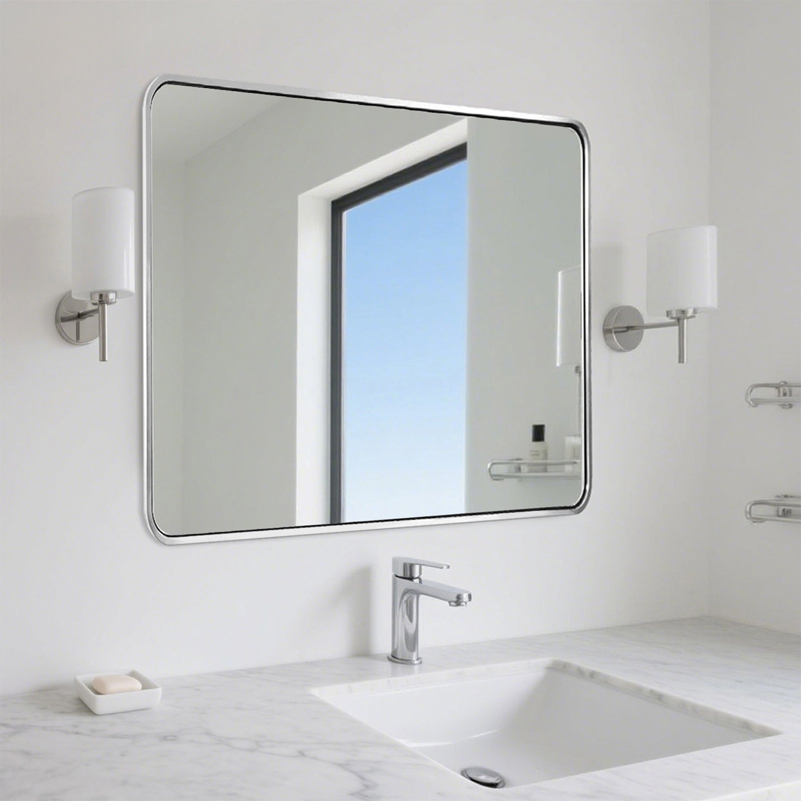 Contemporary Rounded Rectangular Bathroom Wall Mirror |Thicker Stainless Steel Framed