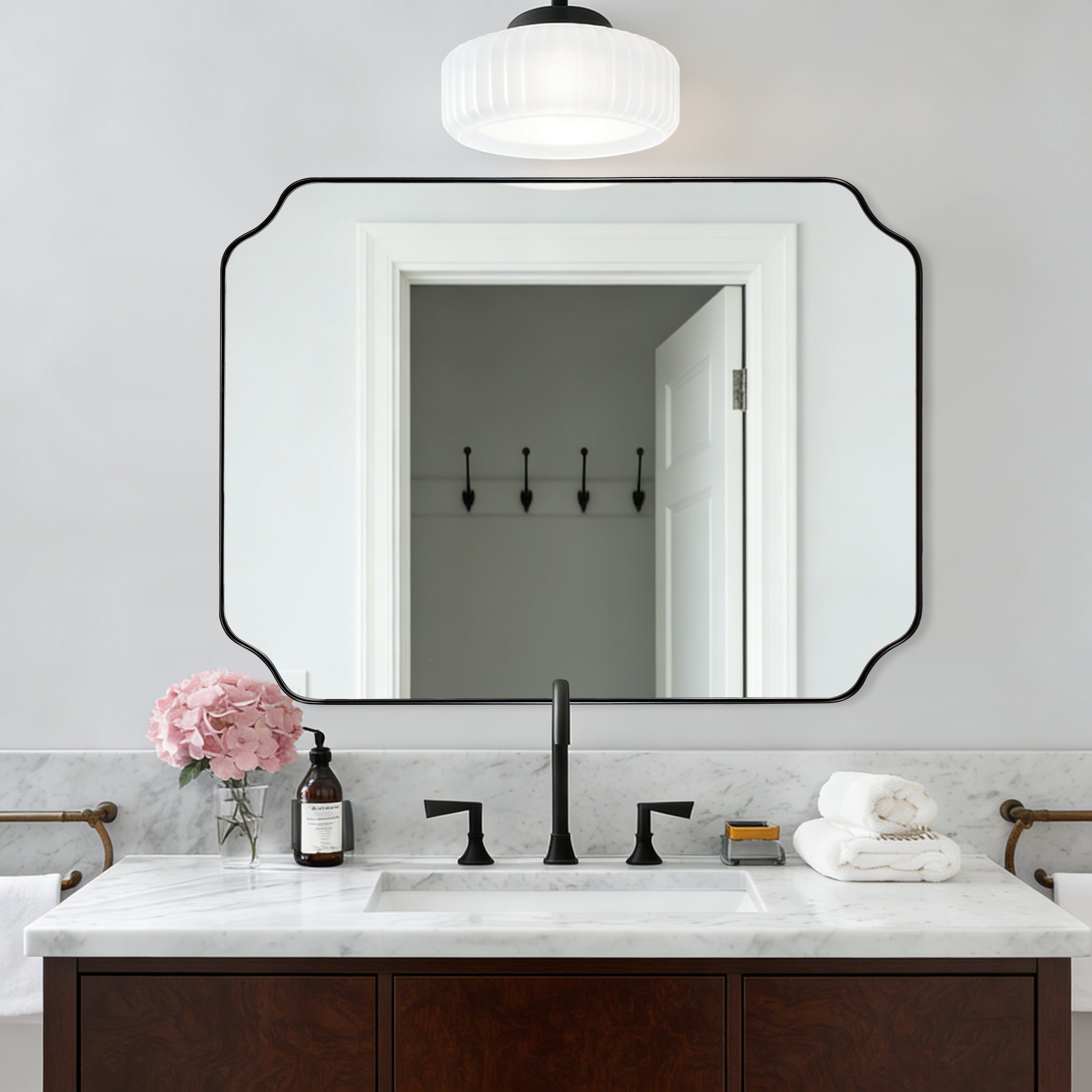 Contemporary Notched Corner Rectangle Scalloped Mirror for Wall /Bathroom | Stainless Steel Frame