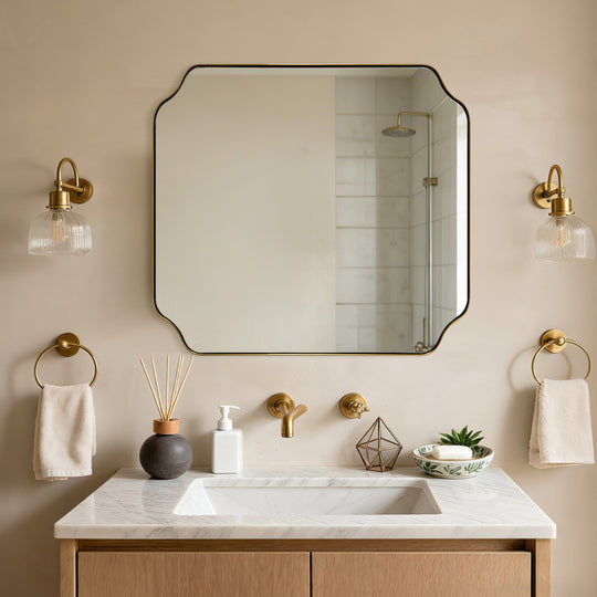 Contemporary Notched Corner Rectangle Scalloped Mirror for Wall /Bathroom | Stainless Steel Frame