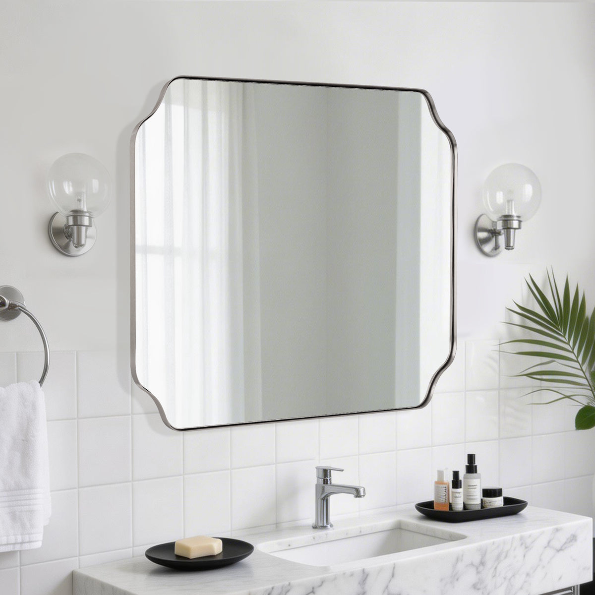 Modern Cut Corner Rectangle Scalloped Mirror for Wall /Bathroom | Stainless Steel Frame