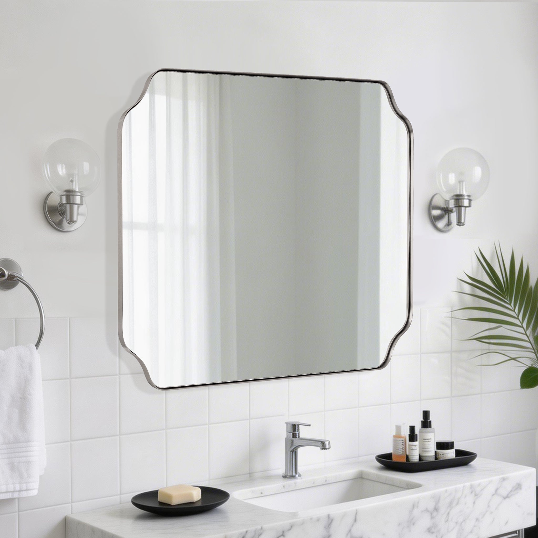 Contemporary Notched Corner Rectangle Scalloped Mirror for Wall /Bathroom | Stainless Steel Frame