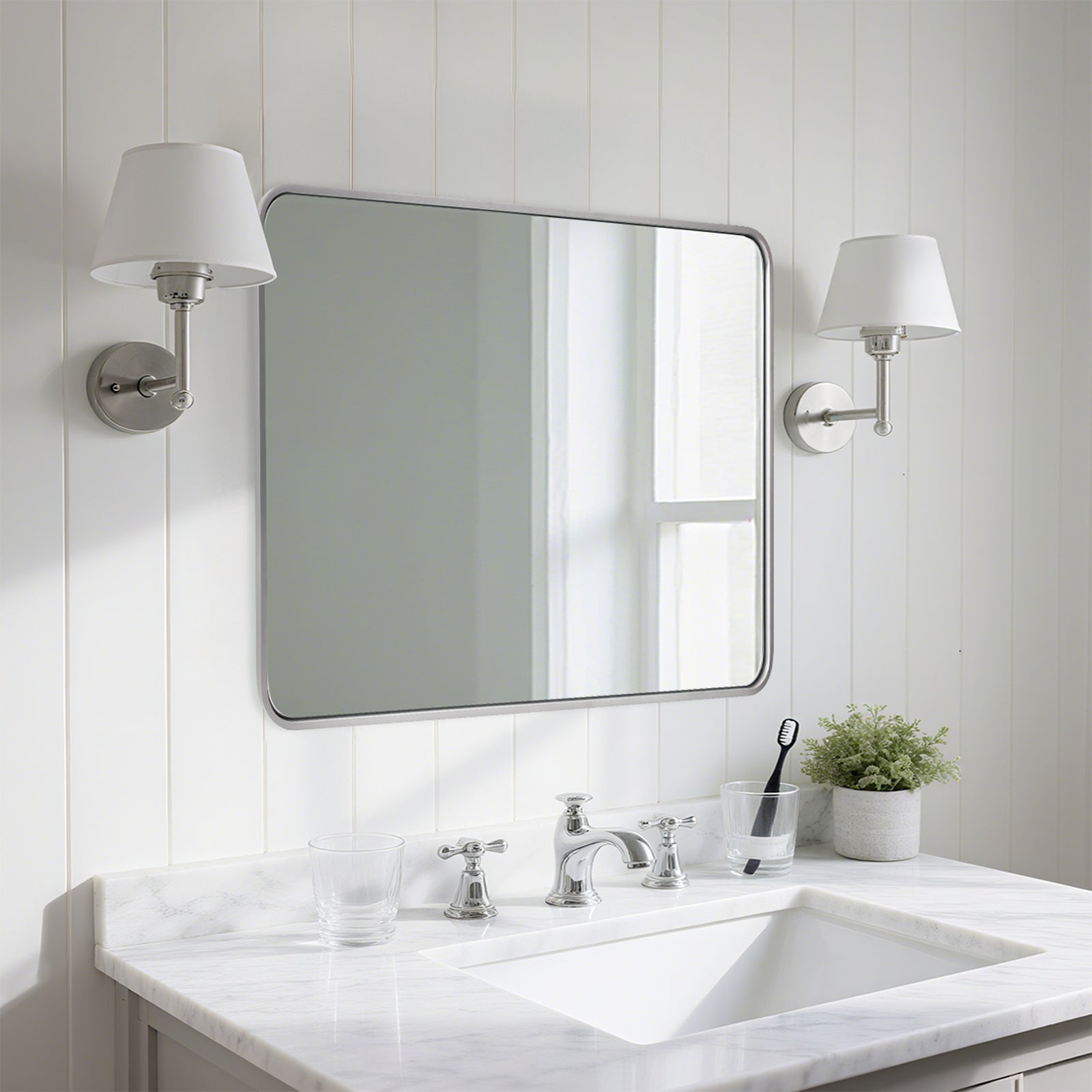 Contemporary Rounded Rectangular Bathroom Wall Mirror |Thicker Stainless Steel Framed