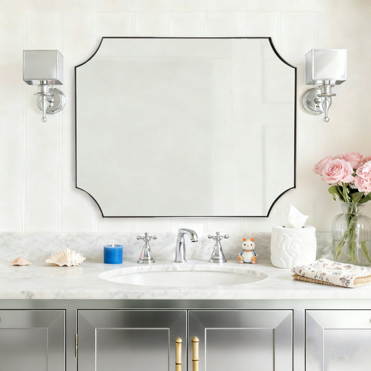 Contemporary Notched Corner Scalloped  Rectangle Bathroom Vanity Mirror | Stainless Steel Frame