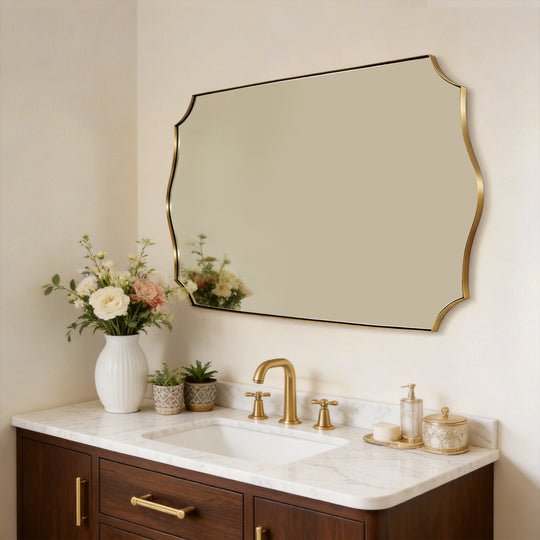 Traditional Rectangle Scalloped  Wall Mirror for Bathroom | Stainless Steel Frame
