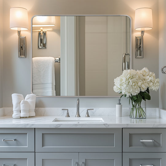 Modern Bold Stainless Steel Framed Rounded Rectangular Bathroom Wall Mirror