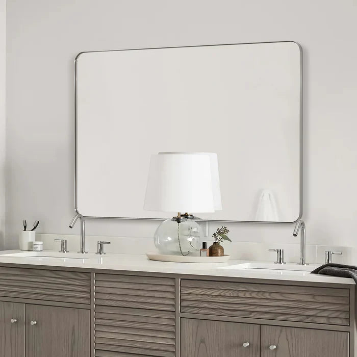 Open Box Like New : Modern Rounded Rectangle Mirror for Bathroom/ Vanity/ Wall | Stainless Steel Frame