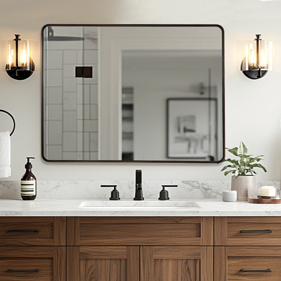 Contemporary Bold Metal Rounded Rectangular Bathroom Vanity Mirrors