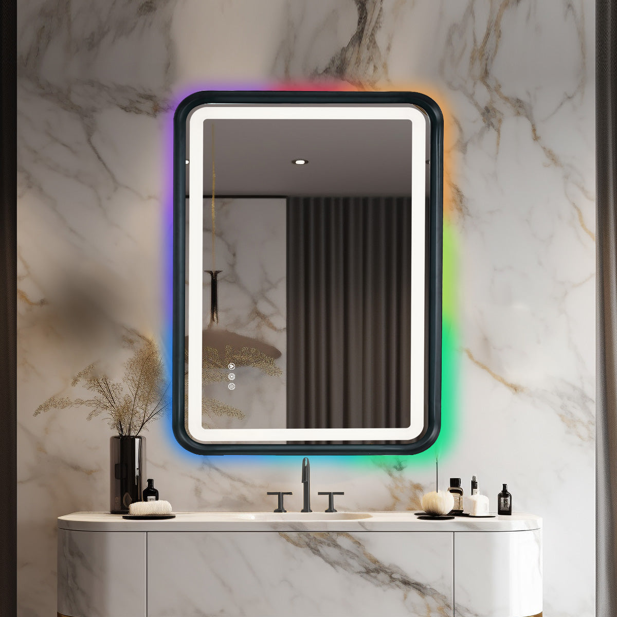 Black Framed Bathroom Mirror With Lights, Led Mirror For Dual Front & Back Lights, Defogging & Memory