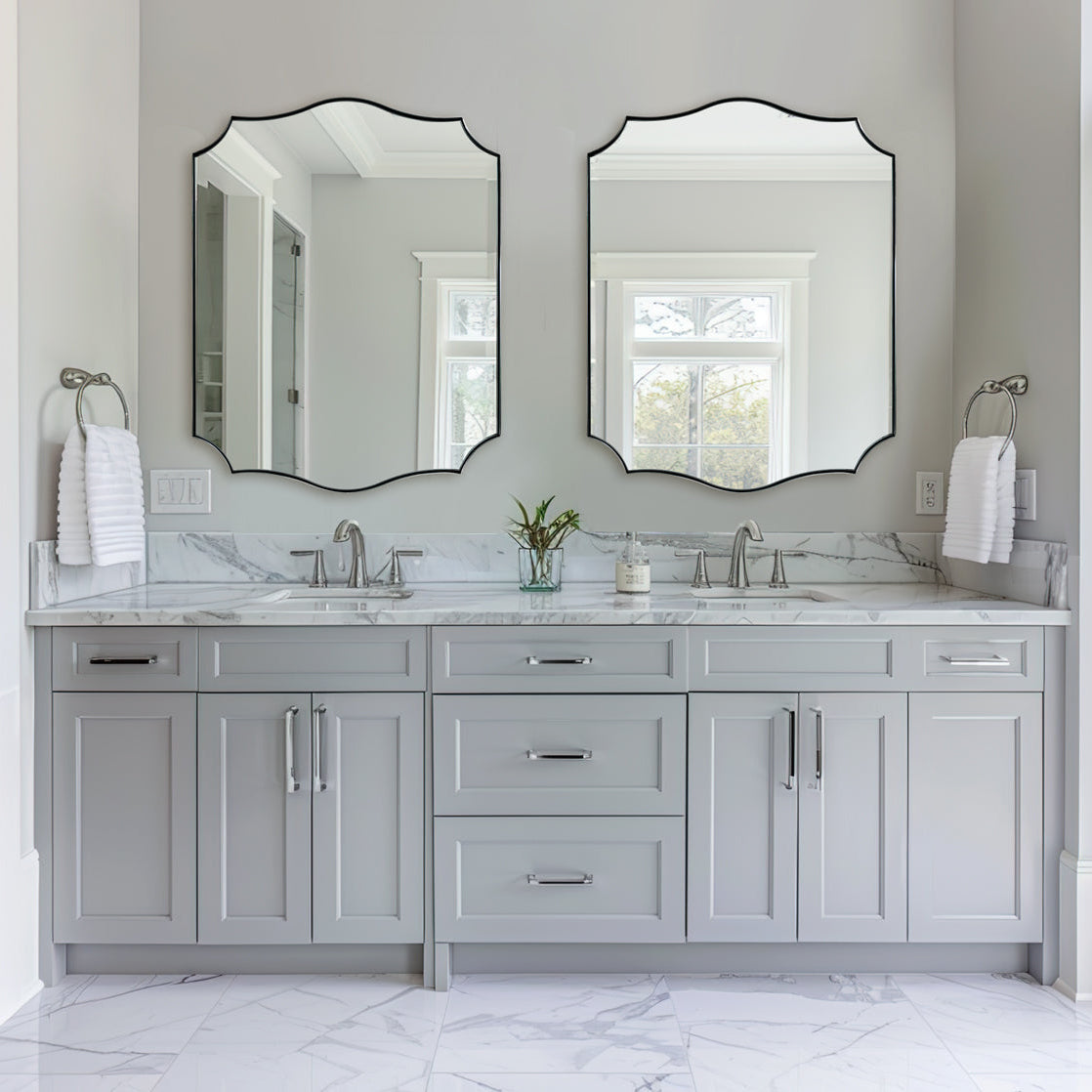Traditional Rectangle Scalloped  Wall Mirror for Bathroom | Stainless Steel Frame