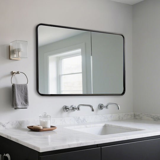 Modern Bold Stainless Steel Framed Rounded Rectangular Bathroom Wall Mirror