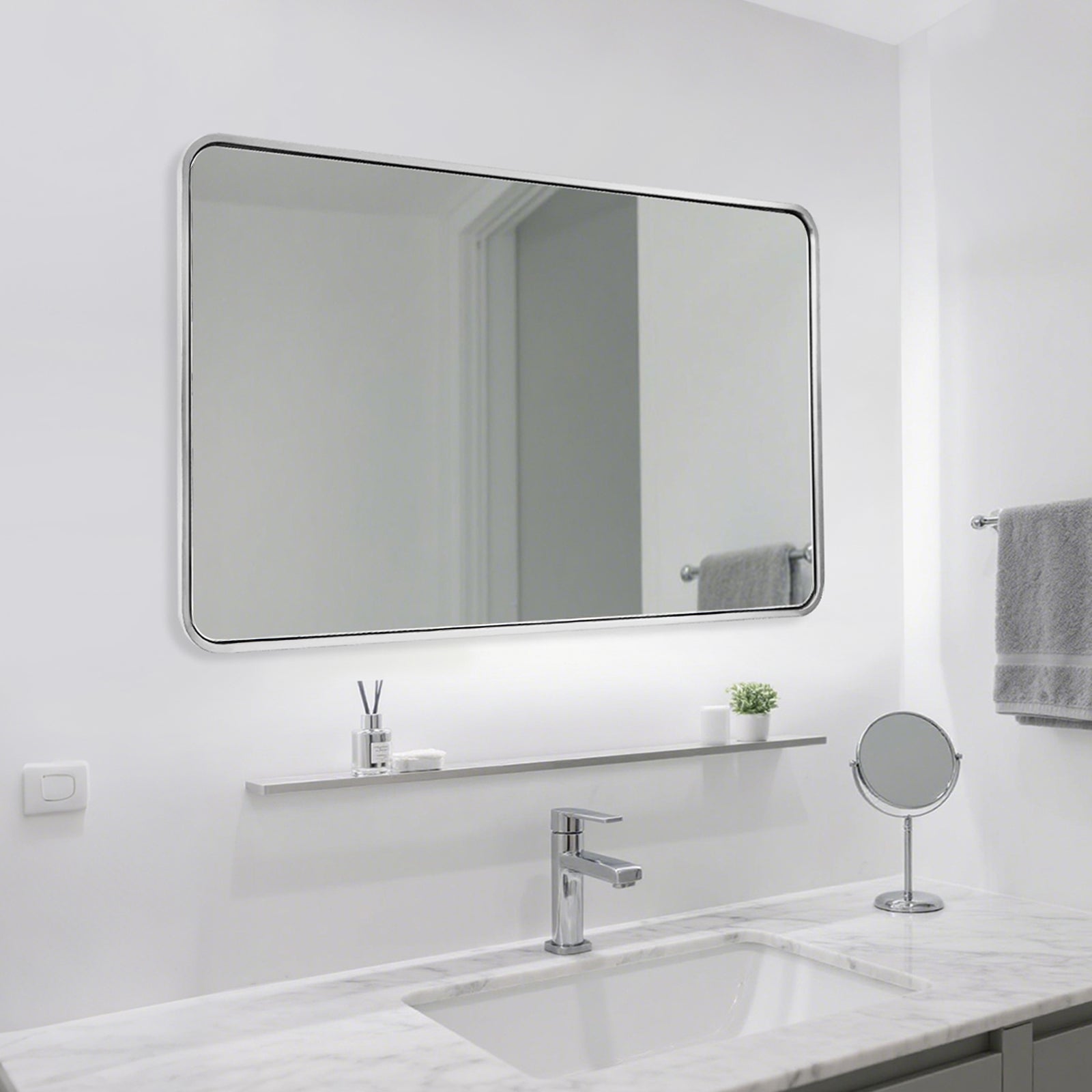 Modern Bold Stainless Steel Framed Rounded Rectangular Bathroom Wall Mirror