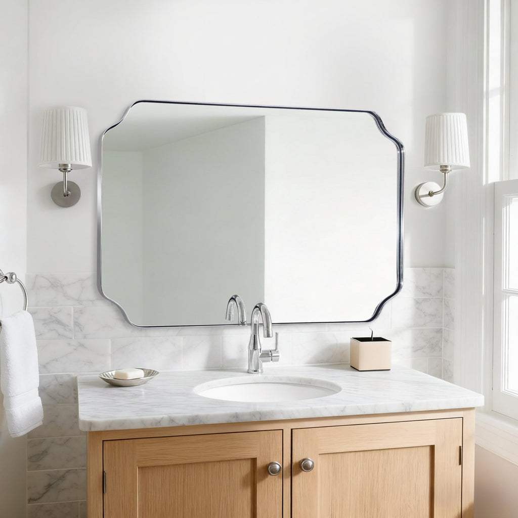 Modern Cut Corner Rectangle Scalloped Mirror for Wall /Bathroom | Stainless Steel Frame