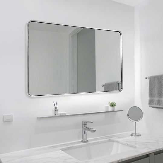 Modern Bold Stainless Steel Framed Rounded Rectangular Bathroom Wall Mirror