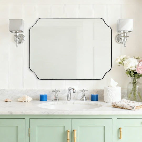 Contemporary Notched Corner Rectangle Scalloped Mirror for Wall /Bathroom | Stainless Steel Frame