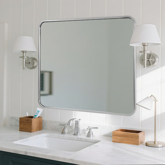 Modern Bold Stainless Steel Framed Rounded Rectangular Bathroom Wall Mirror