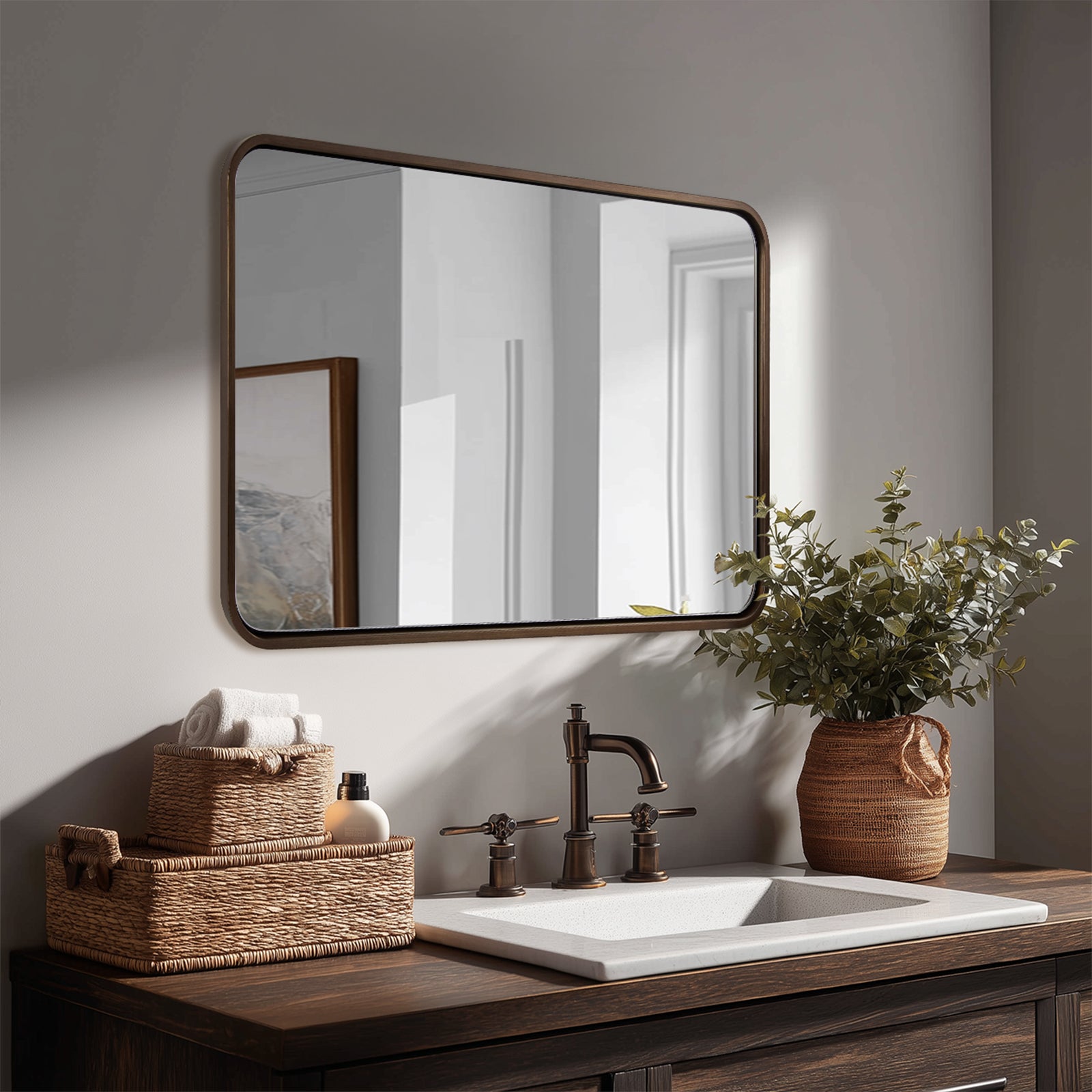 Modern Bold Stainless Steel Framed Rounded Rectangular Bathroom Wall Mirror