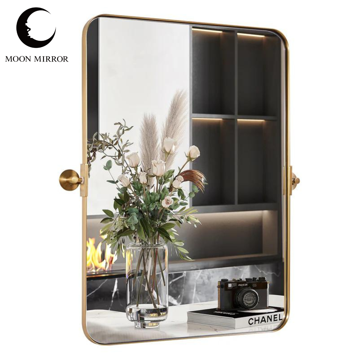 MOON MIRROR Modern Gold Tilting Rectangle Pivot Mirrors for Bathroom with Stainless Steel Frame