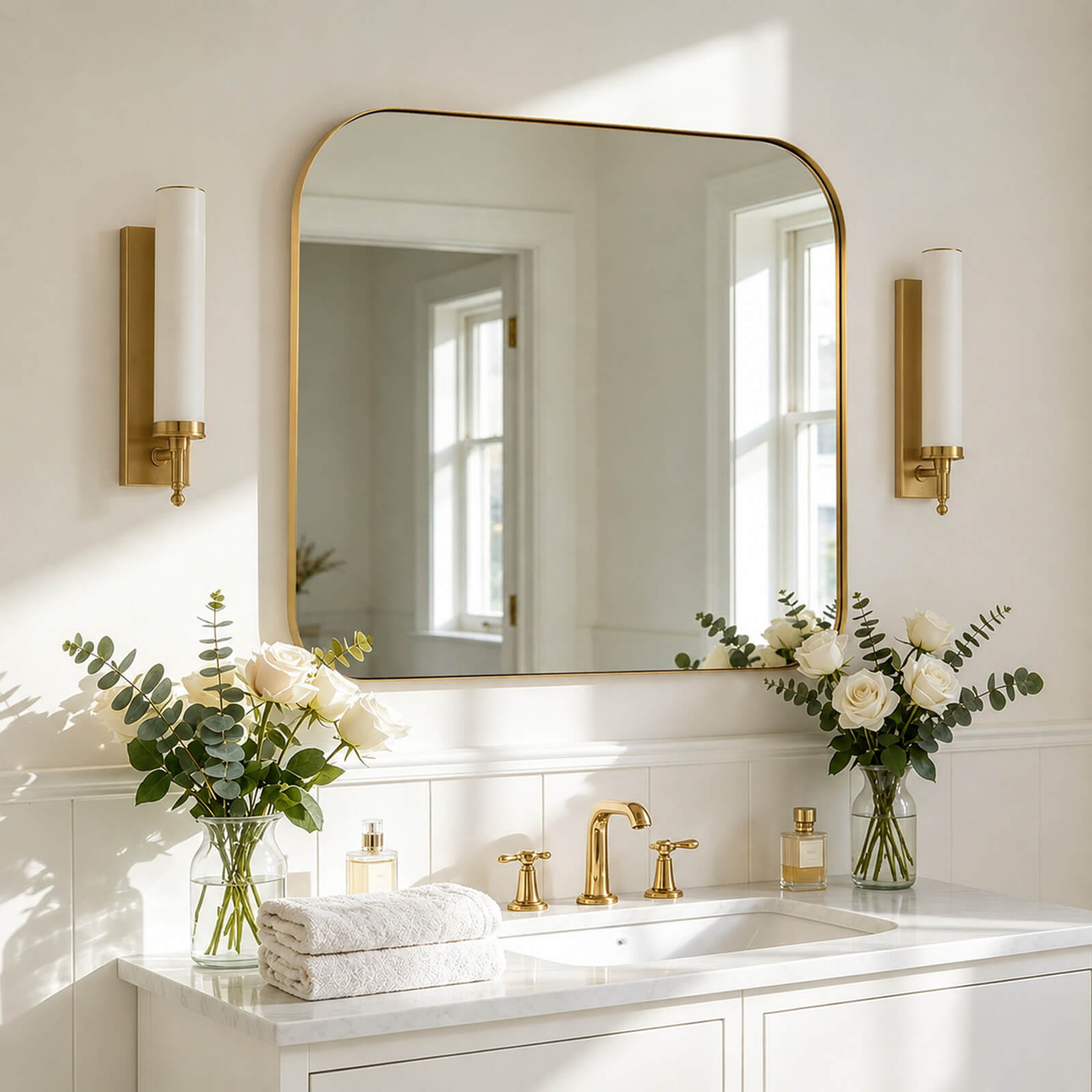 Modern Mantel Wide Arch Rectangle Bathroom Vanity  Mirror | Stainless Steel Frame