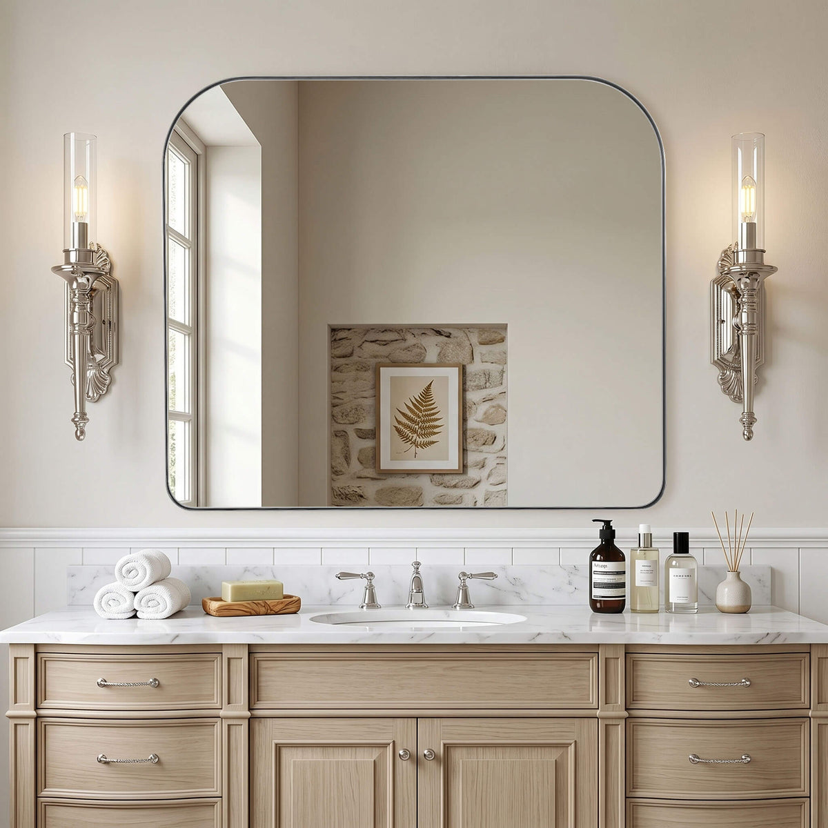 Modern Mantel Wide Arch Rectangle Bathroom Vanity  Mirror | Stainless Steel Frame