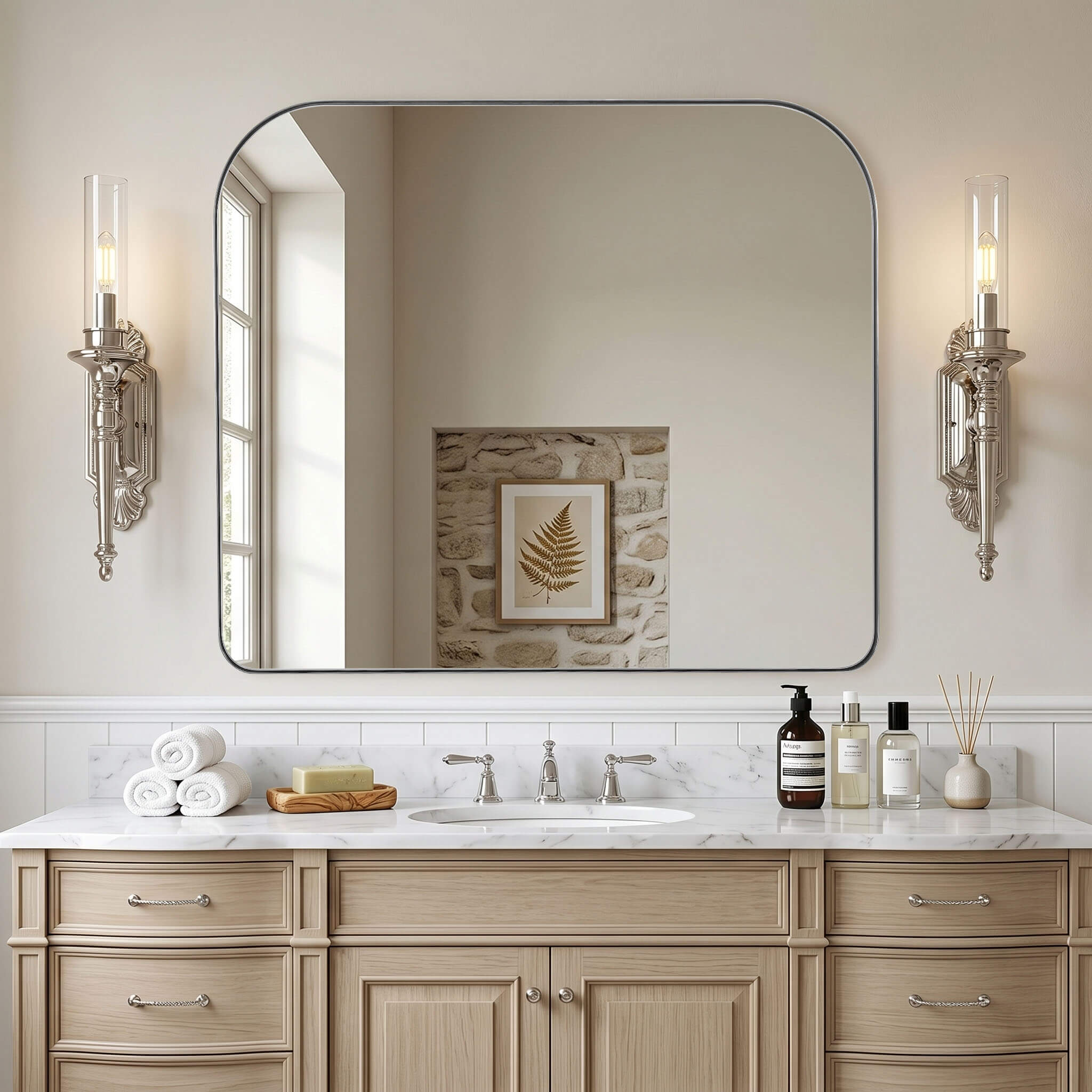 Modern Mantel Wide Arch Rectangle Bathroom Vanity  Mirror | Stainless Steel Frame